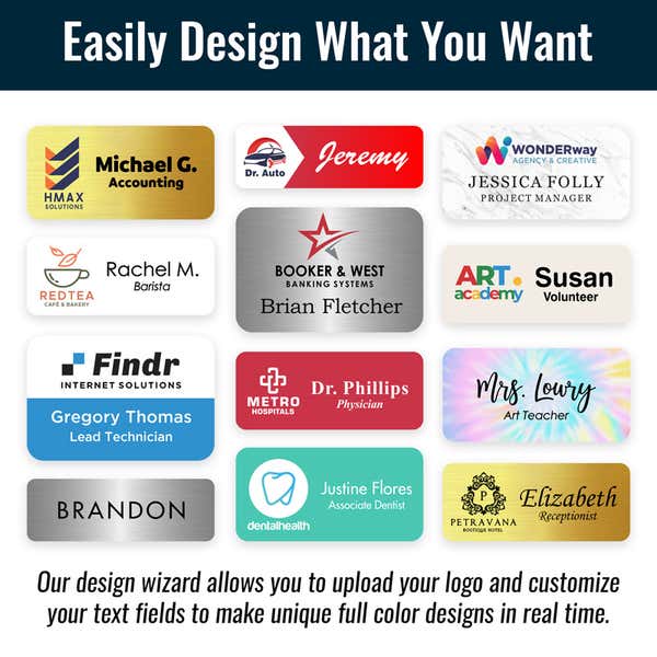 12 examples of full-color personalized name tags with and without logos