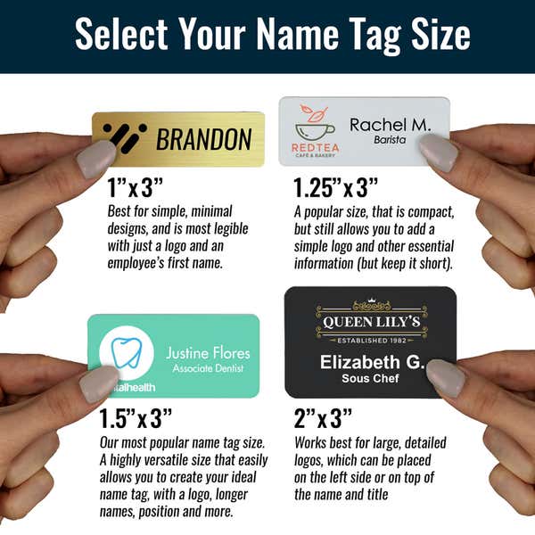Hands holding various name tags for size perspective