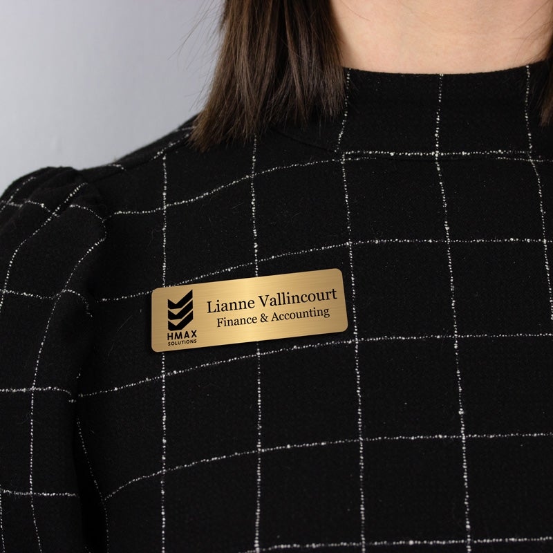 Example name tag - finance and accounting - worn on a black windowpane top