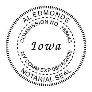 Iowa notary public seal with expiration date, name, and commission number. 