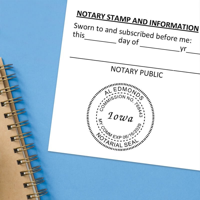 Iowa notary stamp on a white document on a blue notebook.