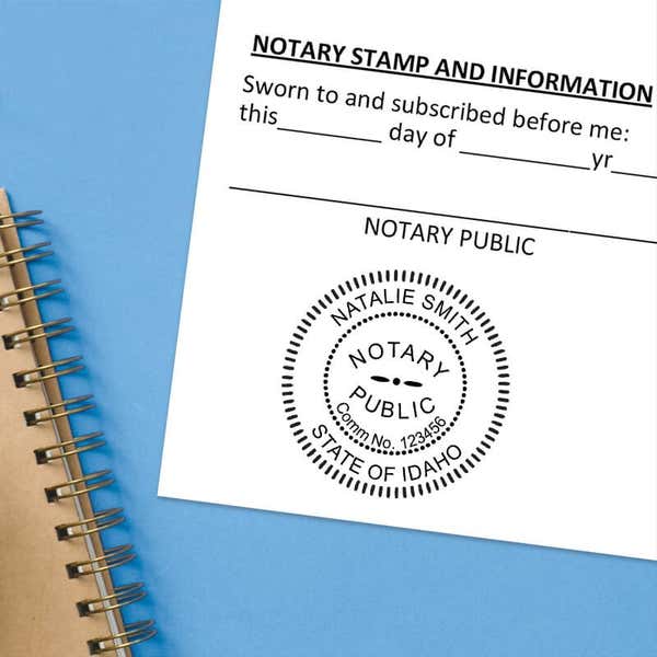 Idaho notary stamp impression on white paper on a blue notebook. 