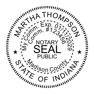 Indiana notary public stamp with custom name, commission details, and round border design.
