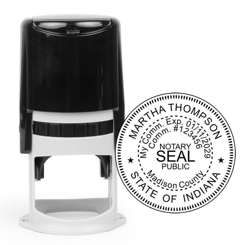 Self-inking Indiana notary stamp with round seal and personalized commission info.