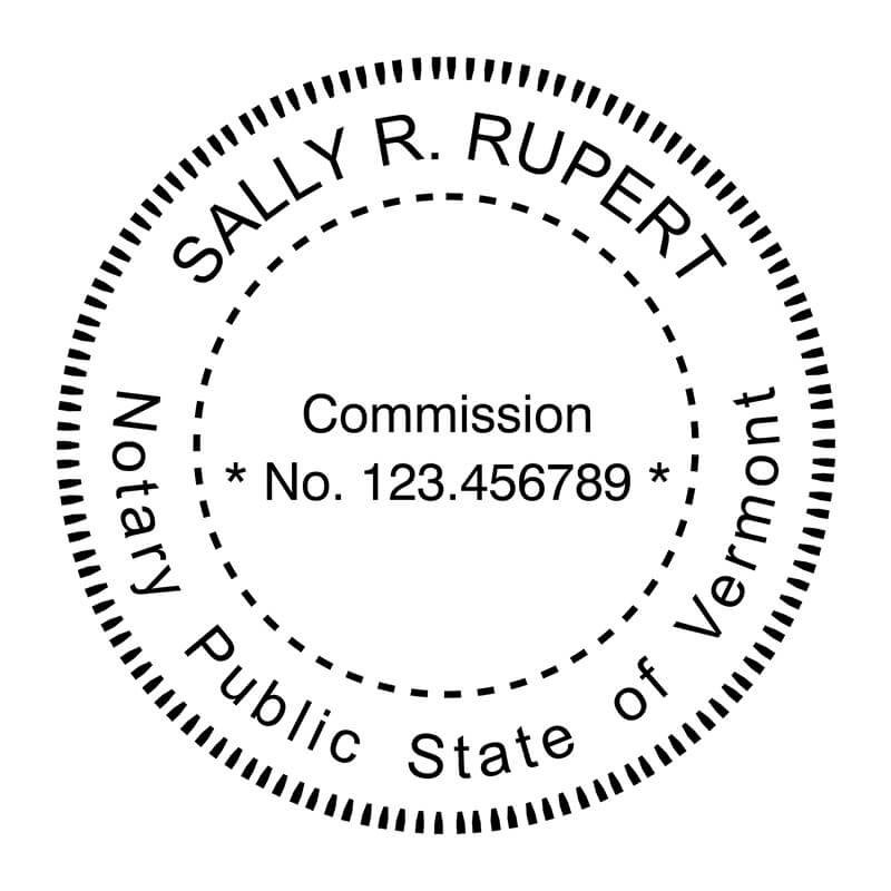 Round Vermont notary stamp with commission number and state-approved seal design.