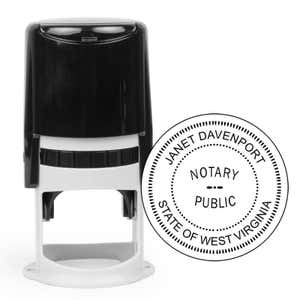 Self-inking West Virginia notary stamp with round seal.