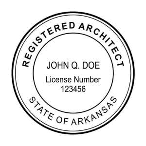 Official State of Arkansas architect seal design with registered architect name and license number.