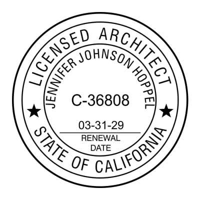 California architect seal featuring license number, name, and renewal date in circular format.