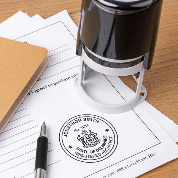 A self-inking stamp placed next to the State of Delaware Architect Seal at the bottom of a document