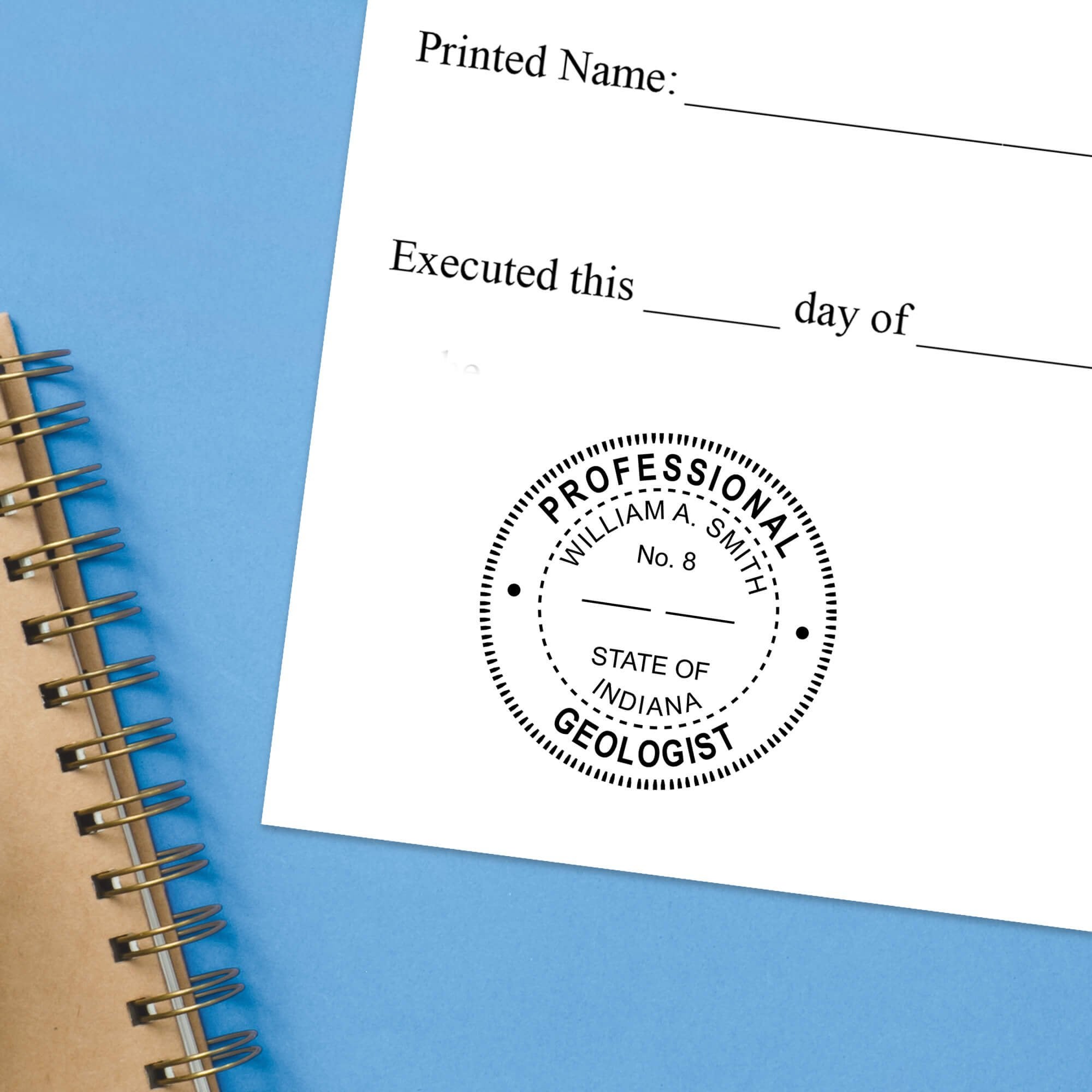 The State of Indiana Geologist Seal impression at the bottom of a document with a blue background