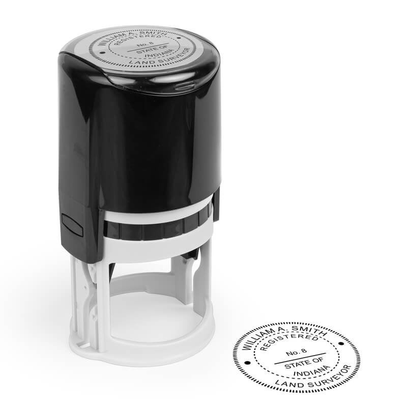 The State of Indiana Land Surveyor Seal impression and a self-inking stamp on paper