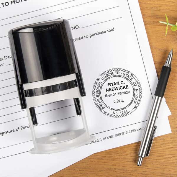 The State of Nevada Engineer Seal on a document next to a stamp and a pen