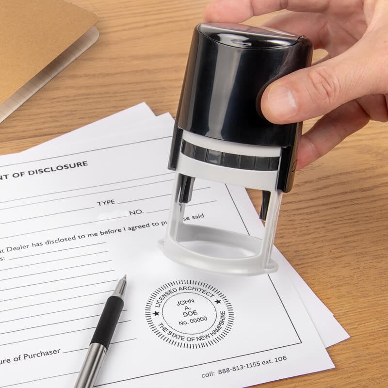 The State of New Hampshire Architect Seal being used on a document