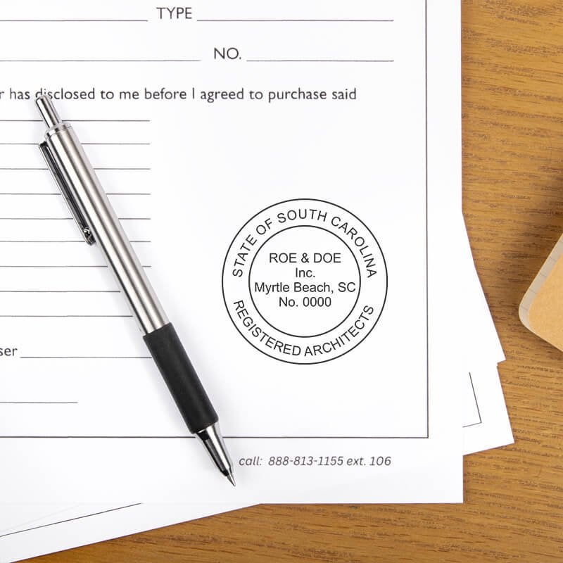 The State of South Carolina Architectural Firm Seal at the bottom of a document next to a pen