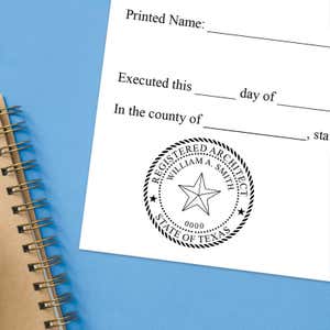 Texas architect stamps impression on official document with custom seal design.  