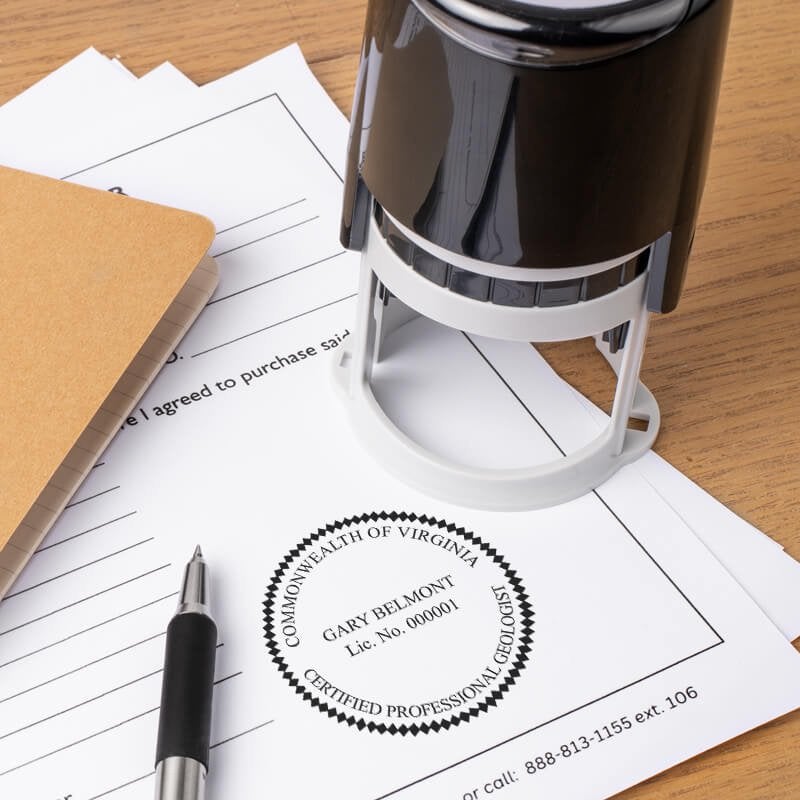 A self-inking stamp placed next to the State of Virginia Geologist Seal at the bottom of a document