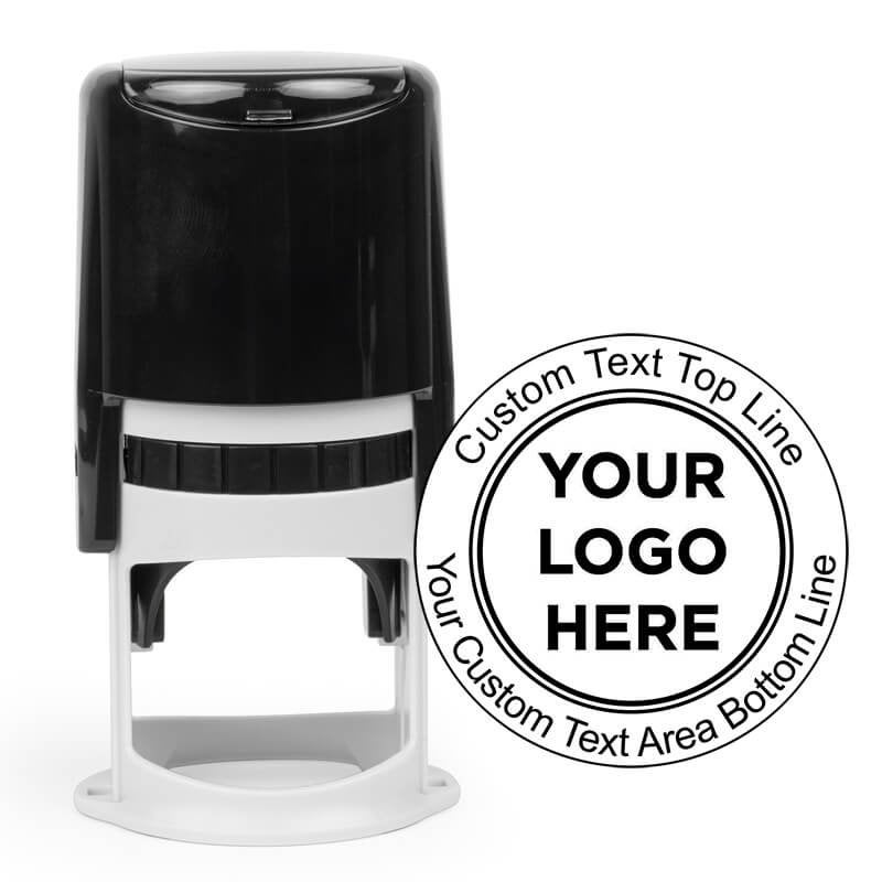 Round self-inking custom stamp with placeholder logo and editable top and bottom text areas.
