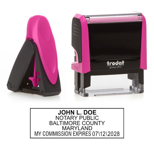 Maryland Notary Pink Stamp - Rectangle is available as a pocket stamp or a self-inking stamp
