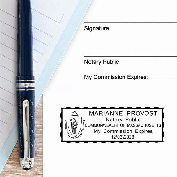 Example of Massachusetts Notary Pink Stamp - Rectangle impression on pper
