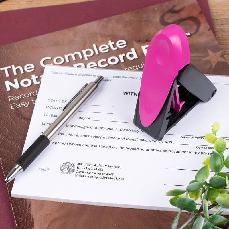 New Mexico Pink Rectangle Notary Pocket Stamp Opened on a Document 