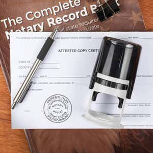 South Carolina notary stamp on affidavit with record book, pen, and self-inking stamp.
