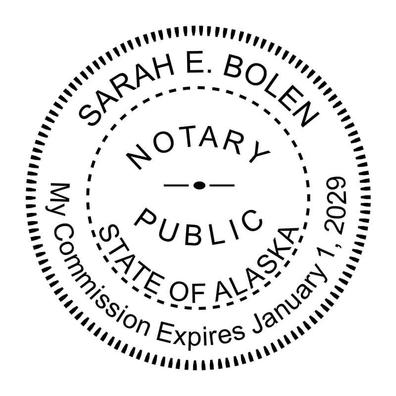 Alaska notary public seal with expiration date, name, and commission number.