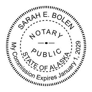 Alaska notary public seal with expiration date, name, and commission number.