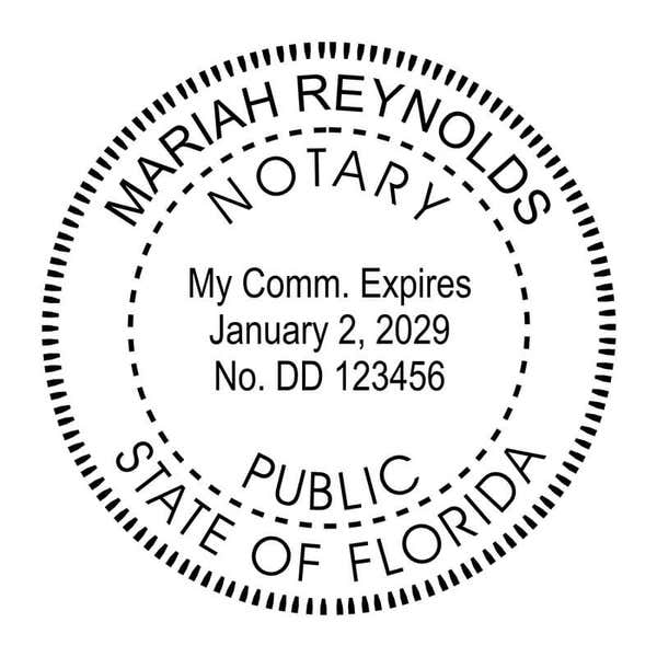 Florida notary public stamp with name, commission expiration, and circular seal layout.