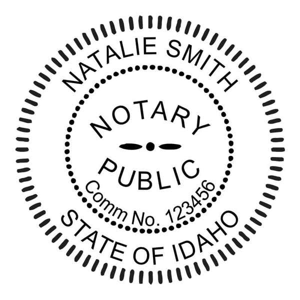 Round Idaho notary seal design with commission number.