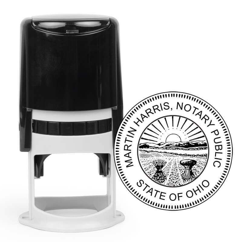 Self-inking Ohio notary stamp with circular seal featuring sunrise and landscape.