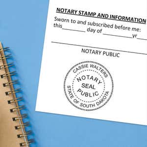 South Dakota notary stamp impression on white paper on a blue notebook. 