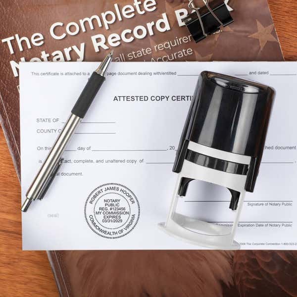 Stamped certificate displaying Virginia notary seal next to the stamping device