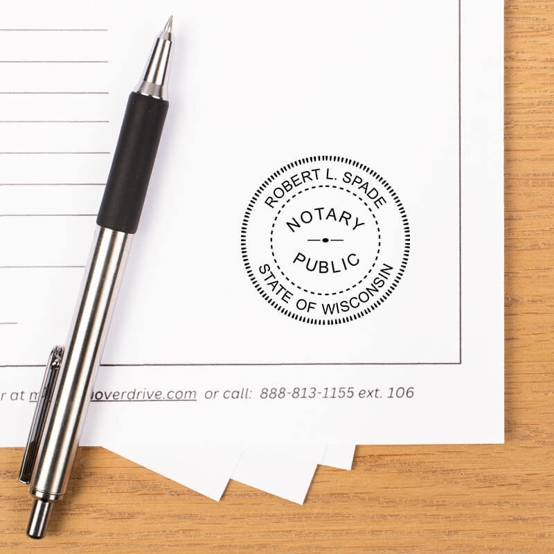 Circular Wisconsin notary stamp imprint on lined legal page