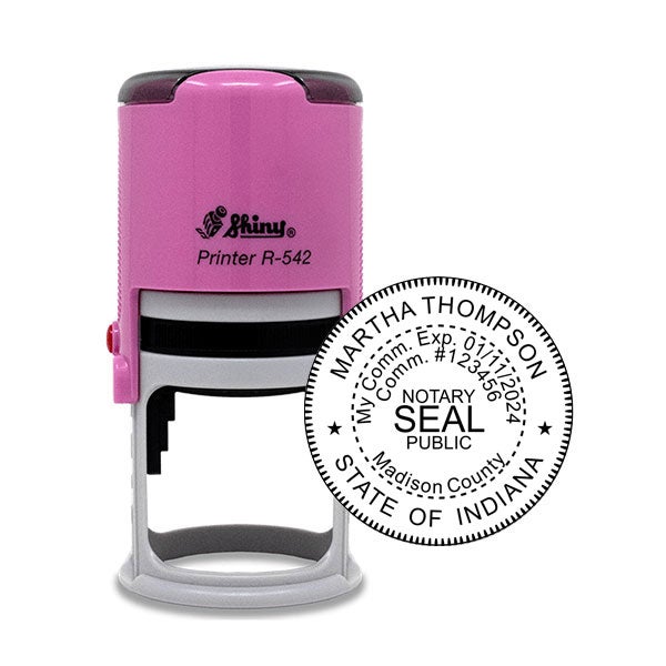 Indiana Notary Pink Stamp - Round Impression Overlay on Pink Stamp