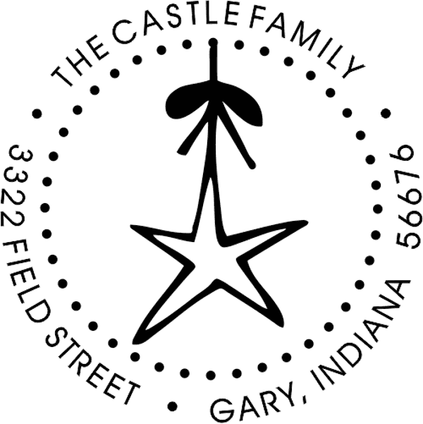 Holiday address stamp design featuring ‘Holiday Star’ with personalized family name and address.