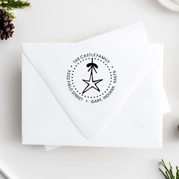 Holiday Star Christmas Ornament Address Stamp Imprint Examples on Envelopes