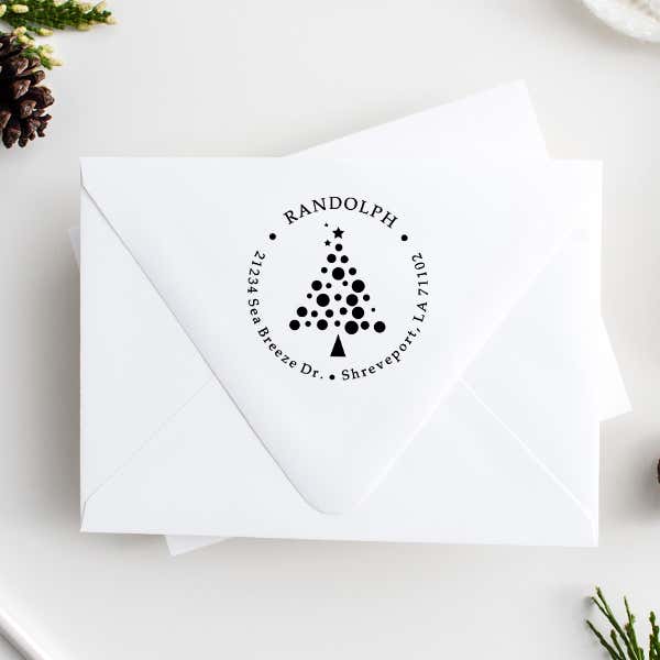 Polka Dot Christmas Tree Return Address Stamp Imprint Examples on Envelopes