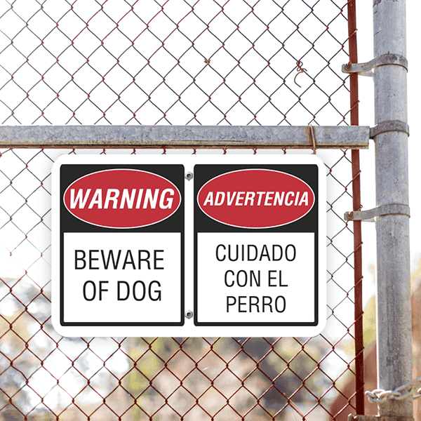 Bilingual Beware of Dog Aluminum Sign | 12" x 18" Lifestyle Photo Outside