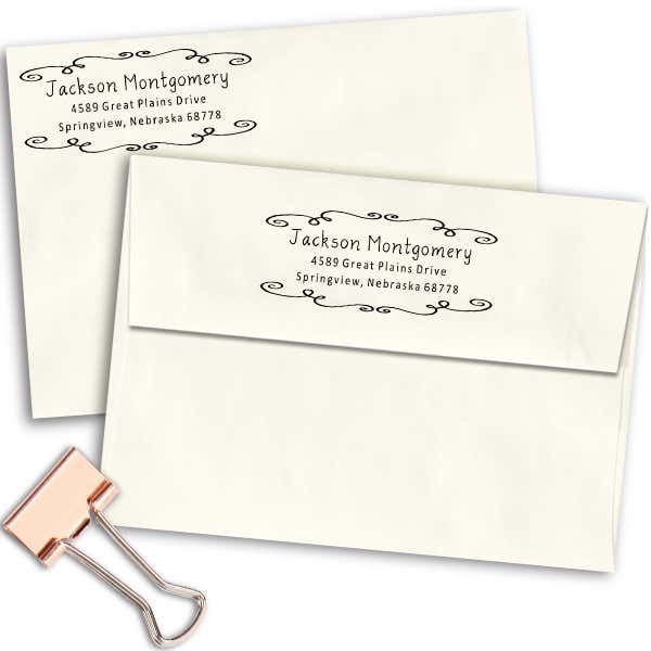 Montgomery Curly Deco Border Address Stamp Imprint Examples on Envelopes