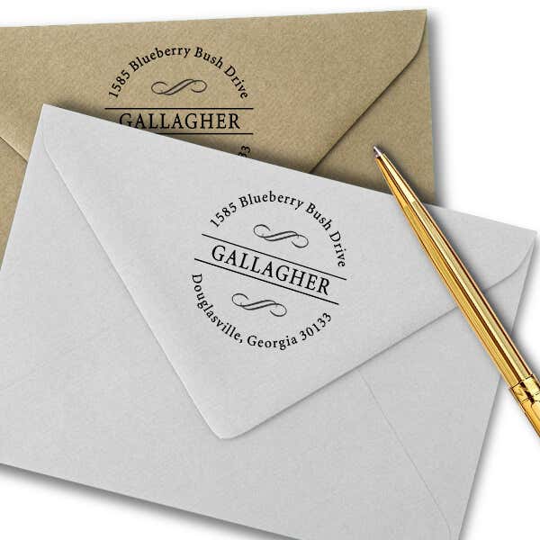 Gallagher Swirly Deco Address Stamp Imprint Examples on Envelopes