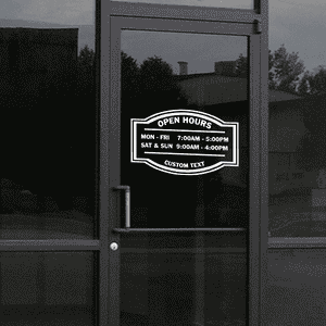 Open Hours Die Cut Door Decal on a storefront window