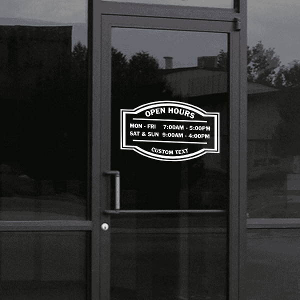 Open Hours Die Cut Door Decal on a storefront window
