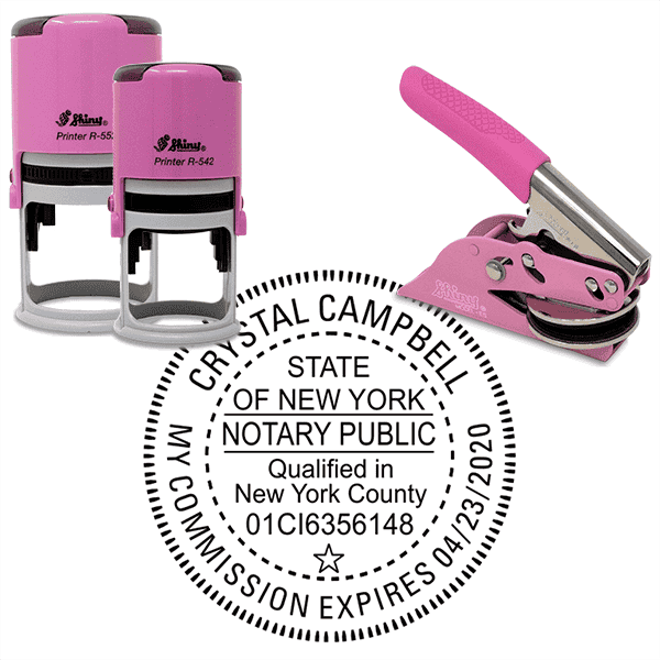 New York with County and Expiration Round Pink Notary Seal