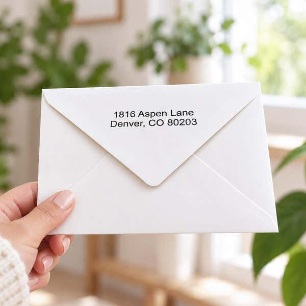 Hand holding an envelope stamped with the 2 Line Stamp