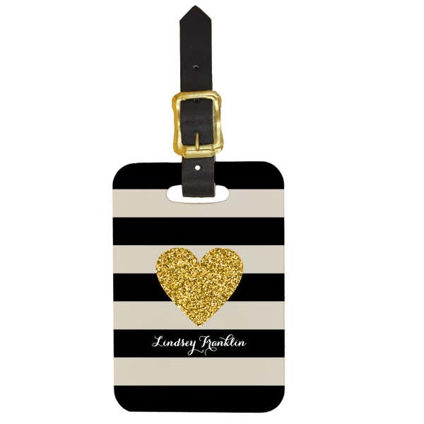 Black & White Gold Heart Double Sided Custom Luggage Tag