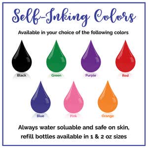 The self-inking version of the Georgia Notary Public Round Stamp comes with 7 ink color options: Black, green, purple, red, blue, pink, and orange. 