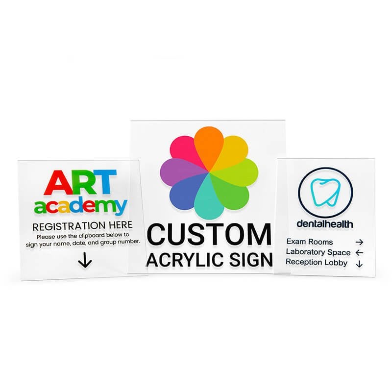 Multiple Custom Acrylic Signs on a White Background