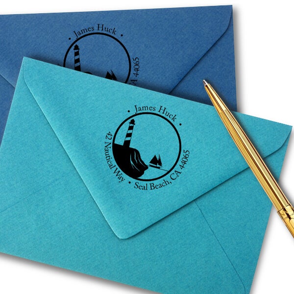 Nautical Lighthouse with Ship Round Address Stamp