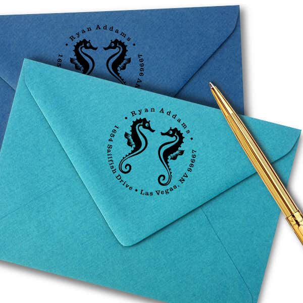 Round Twin Seahorse Silhouette Custom Address Stamp
