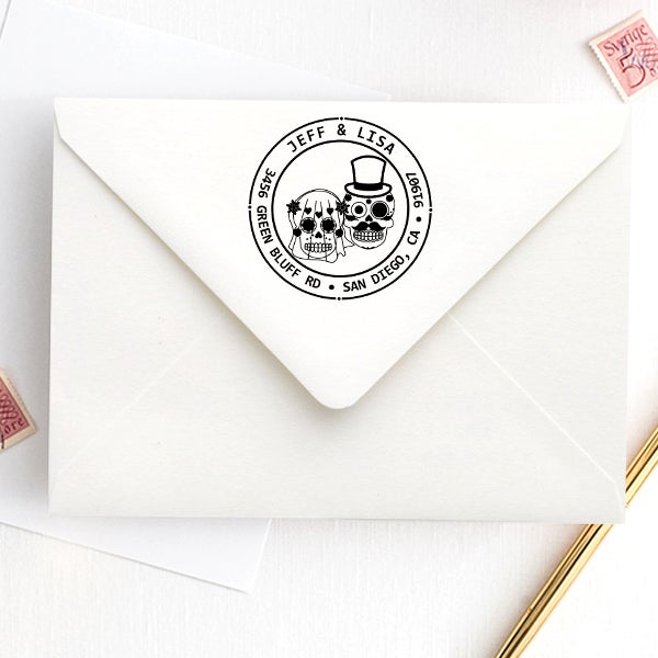 Sugar Skull Bride Groom Round Address Stamp